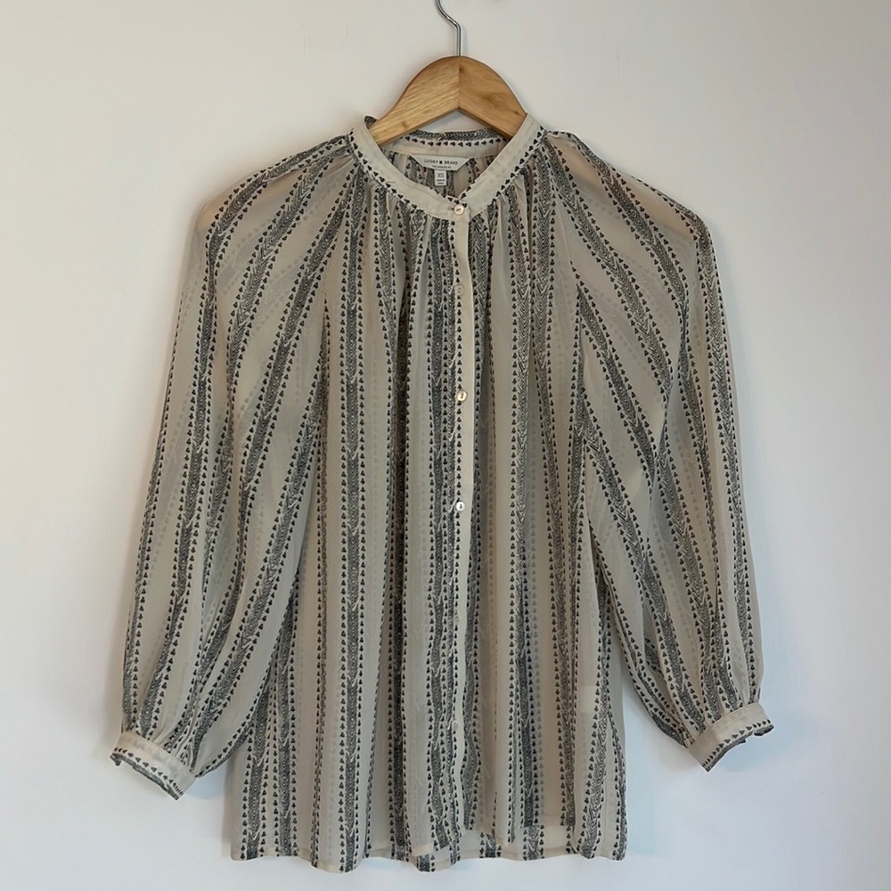 Lucky Brand Cream Gray Blouse Geo Stripe Poet Top Natural Cream Gray XS X-Small